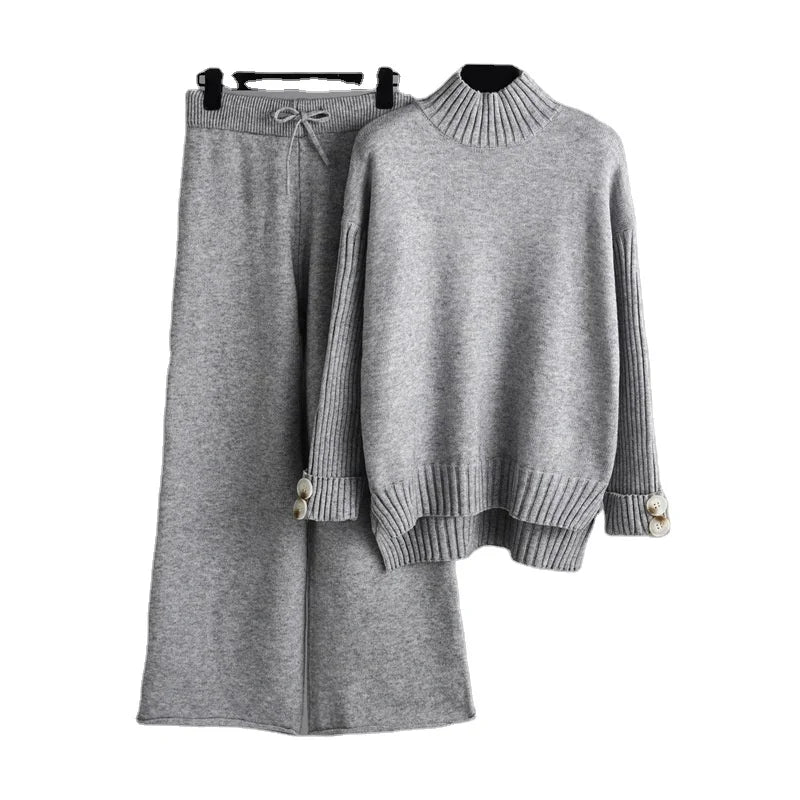 Factory Wholesale High Neck Split Sweater Wide Leg Pants Turtleneck Heavy Sweater Two Piece Set Women Clothing
