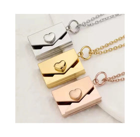 Personalized 18K Gold Plated Envelope Pendant Necklace Stainless Steel Engraved Love You Heart Envelope Necklace for Couple