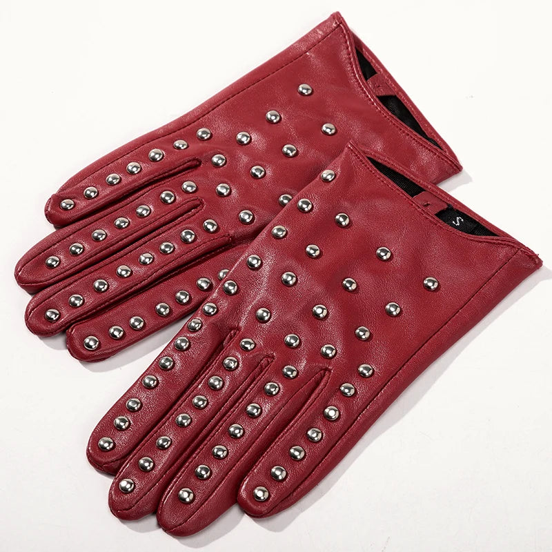 Stylish Rivet Ladies Touch Screen Sheepskin Leather Gloves