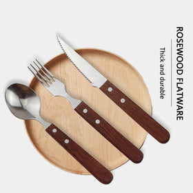 Wholesale 3PCS Rosewood Handle Reusable Cutlery Set Bamboo Dinner Spoons Forks and Knife Flatware