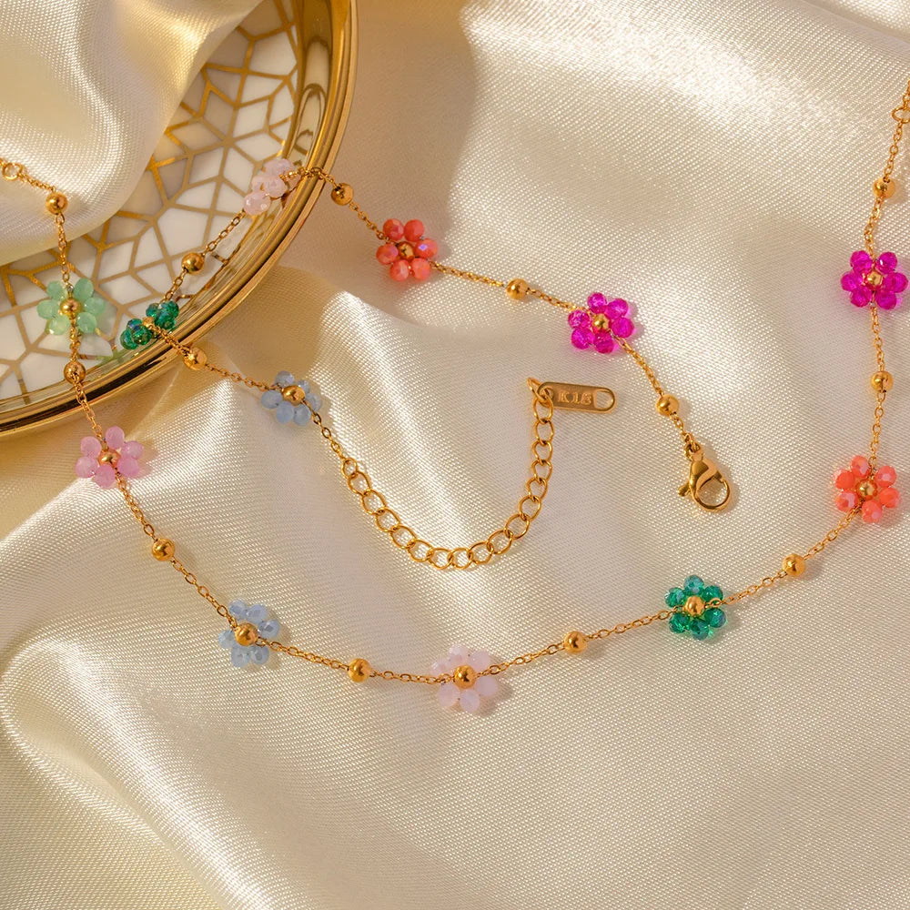 High Quality Fashion Waterproof Jewelry Multicolor Flower Chokers Necklaces Non Tarnish Gold Plated Stainless Steel Necklace