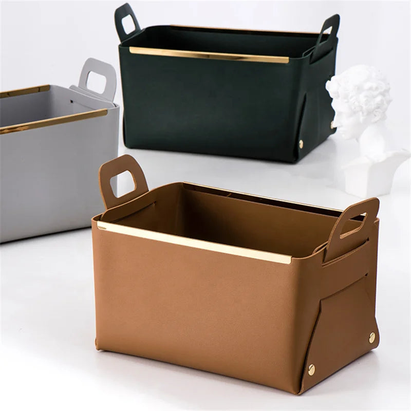 Wholesale Stock Bin Large Toy Storage PU Leather Desk Storage Organizer Portable Leather Straps Storage Basket Tray for Home