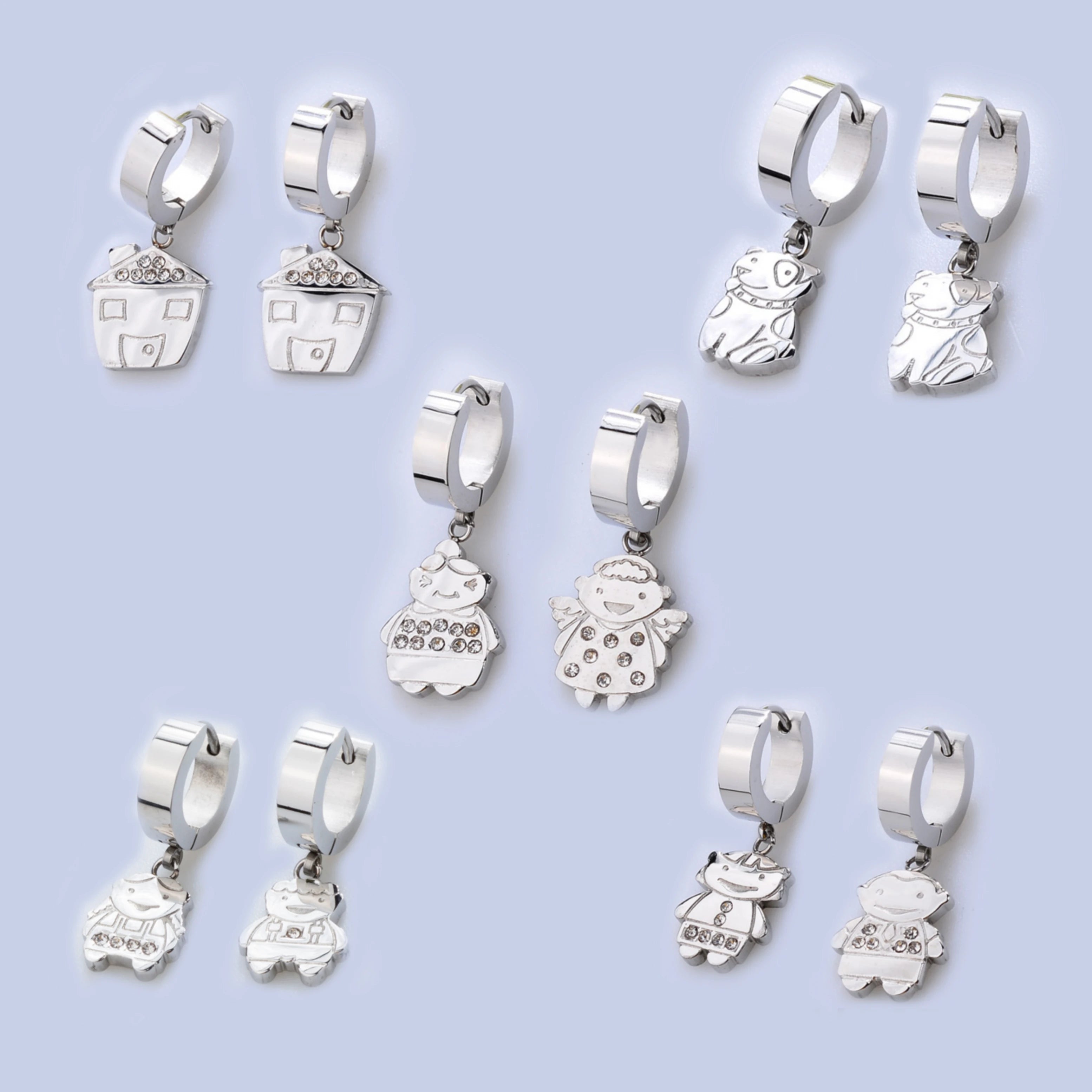 Personalized Trendy Stainless Steel Earrings Cute Animal Zircon Pendant Small Hoop Pet Dog Perfect Gift for Little Boys Girls