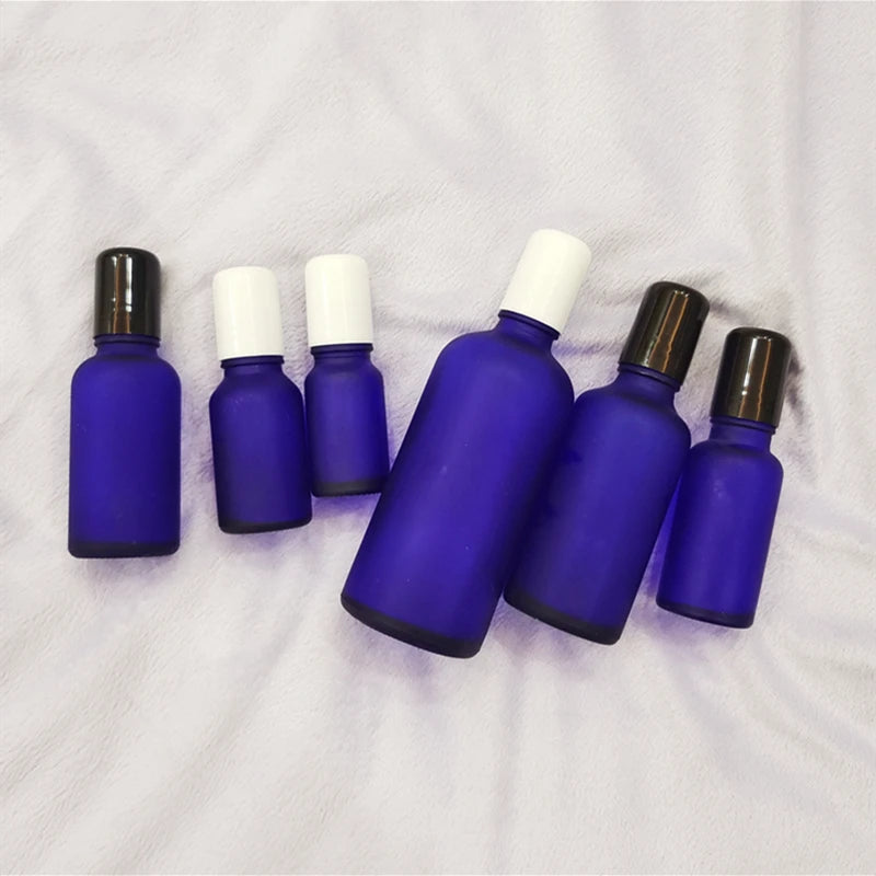 Wholesale 5-100ml Frosted Cobalt Blue Glass Perfume Roller Bottle Empty with Stainless Steel Roll on Ball Cosmetic Packaging