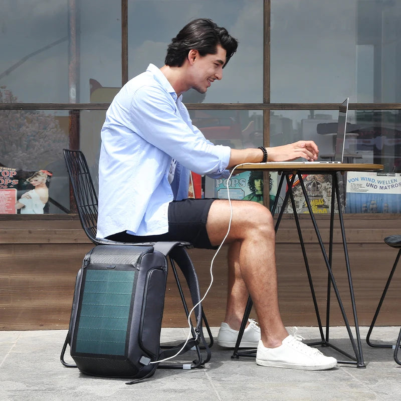 For Black Men Business Style Solar Panel USB Charger Backpack with Zipper Closure and Anti-Theft Feature