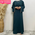 Nida Solid Color Two Pieces Abaya Set With Silver Diamond Chain and Sleeveless Inner Dress for Ramadan Muslim Women 2006+6595