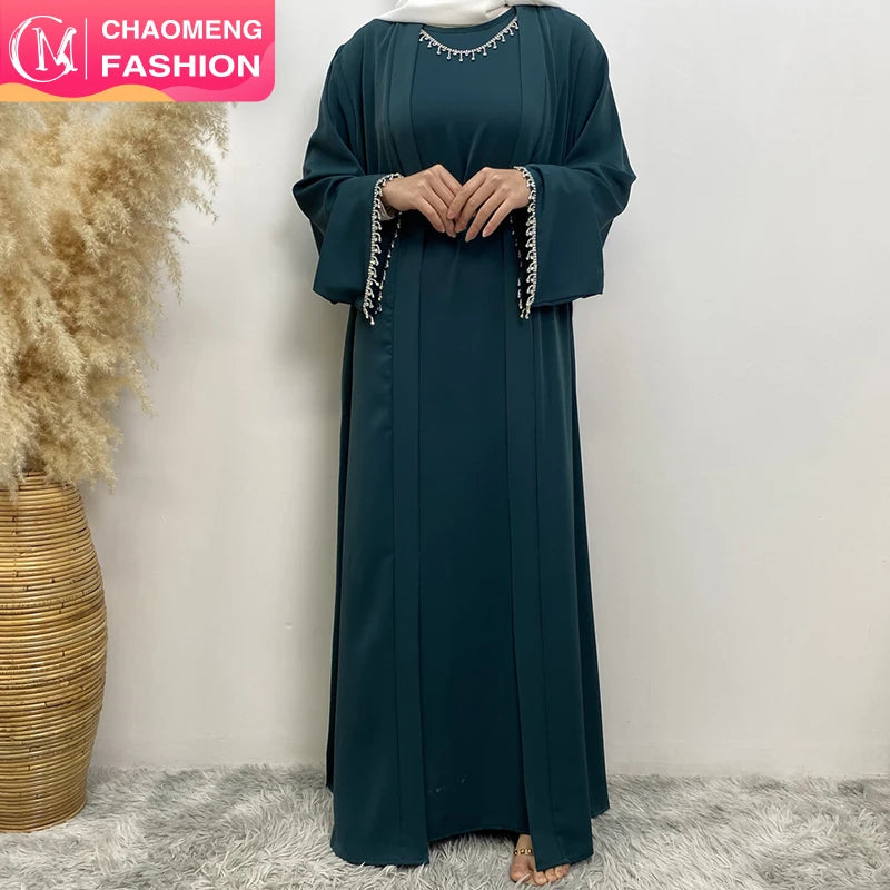 Nida Solid Color Two Pieces Abaya Set With Silver Diamond Chain and Sleeveless Inner Dress for Ramadan Muslim Women 2006+6595