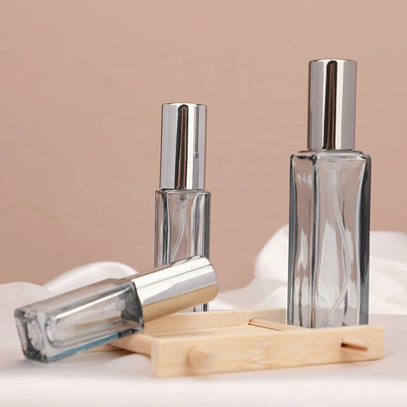 5ml 10ml 20ml Square Shape Empty Fragrance Mini Travel Bottle Transparent Grey Color Perfume Glass Bottle Aluminum Silvery Spray