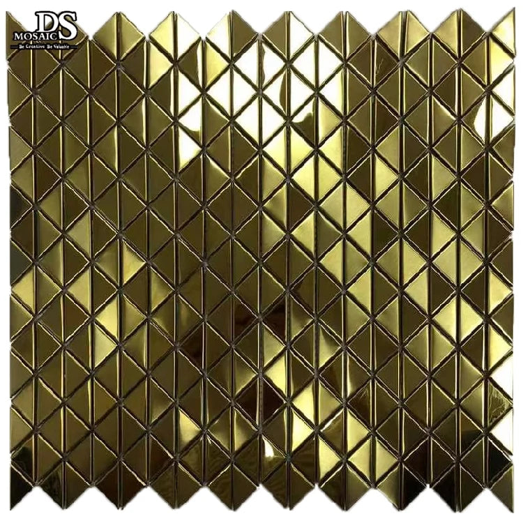 Luxury Modern Golden Triangle 3D Stainless Steel Metal Beveled Mosaic Tiles with Parquet Feature for Wall Backsplash