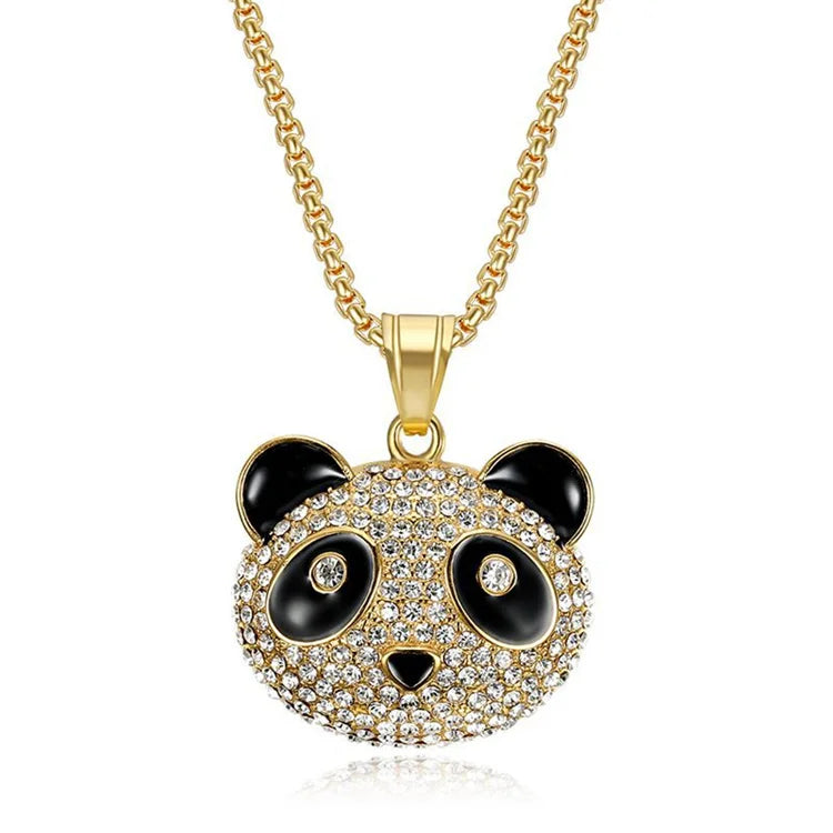 Good Quality Cute Animal Head Panda Bear Pendant Enamel Jewelry Stainless Steel Gold Rhinestone Diamond Pendant Necklace