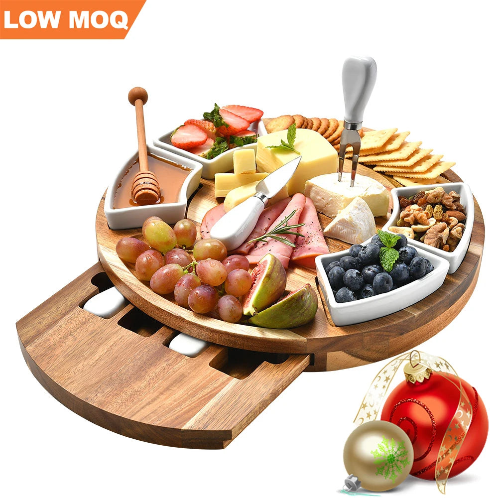 European Style Wooden Cheese Board and Knife Set Cheese Platter Tray Wood Charcuterie Board Round Acacia Wood Cheese Board