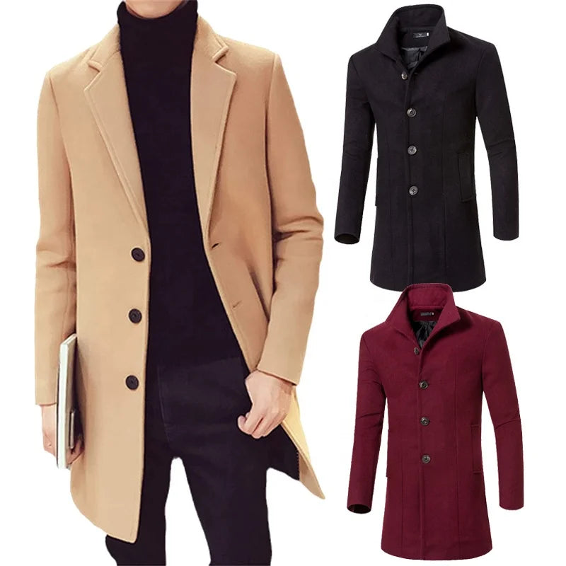 Mens Bomber Jackets Long Double Breasted Topcoat Classic British Warm Overcoat Knee Length Wool Peacoat Trench Coat