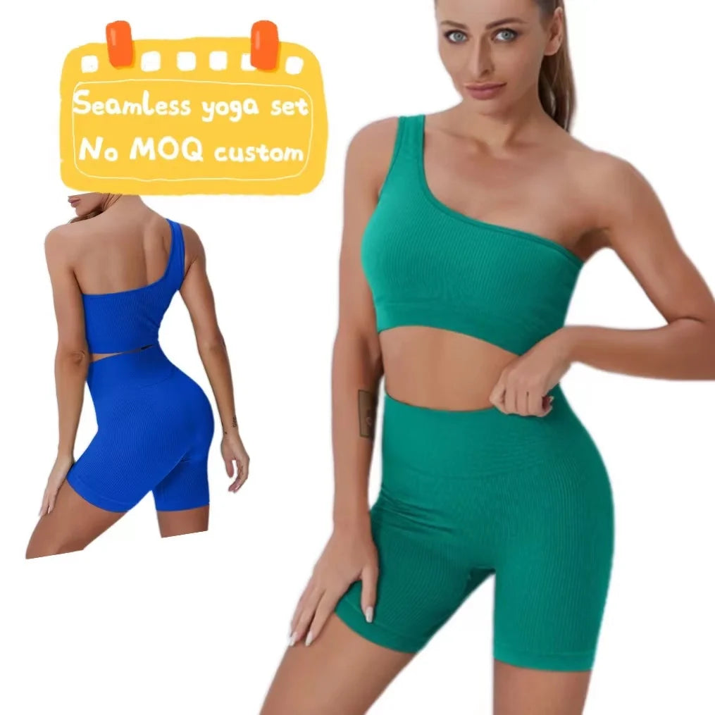 2022 Custom logo Women Yoga Seamless Biker Shorts Workout Sets One Shoulder Crop Top Shorts Gym Woman Active Wear 2 Two Piece