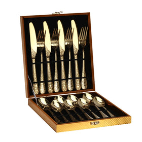Rose Gold Stainless Steel Cutlery Set 16/24PCS Flatware Gift Set With Wooden Box