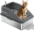 Extra Large Deepened Semi-Enclosed Stainless Steel Cat Litter Box Easy Clean Cat Toilet for Dogs Cat Accessories