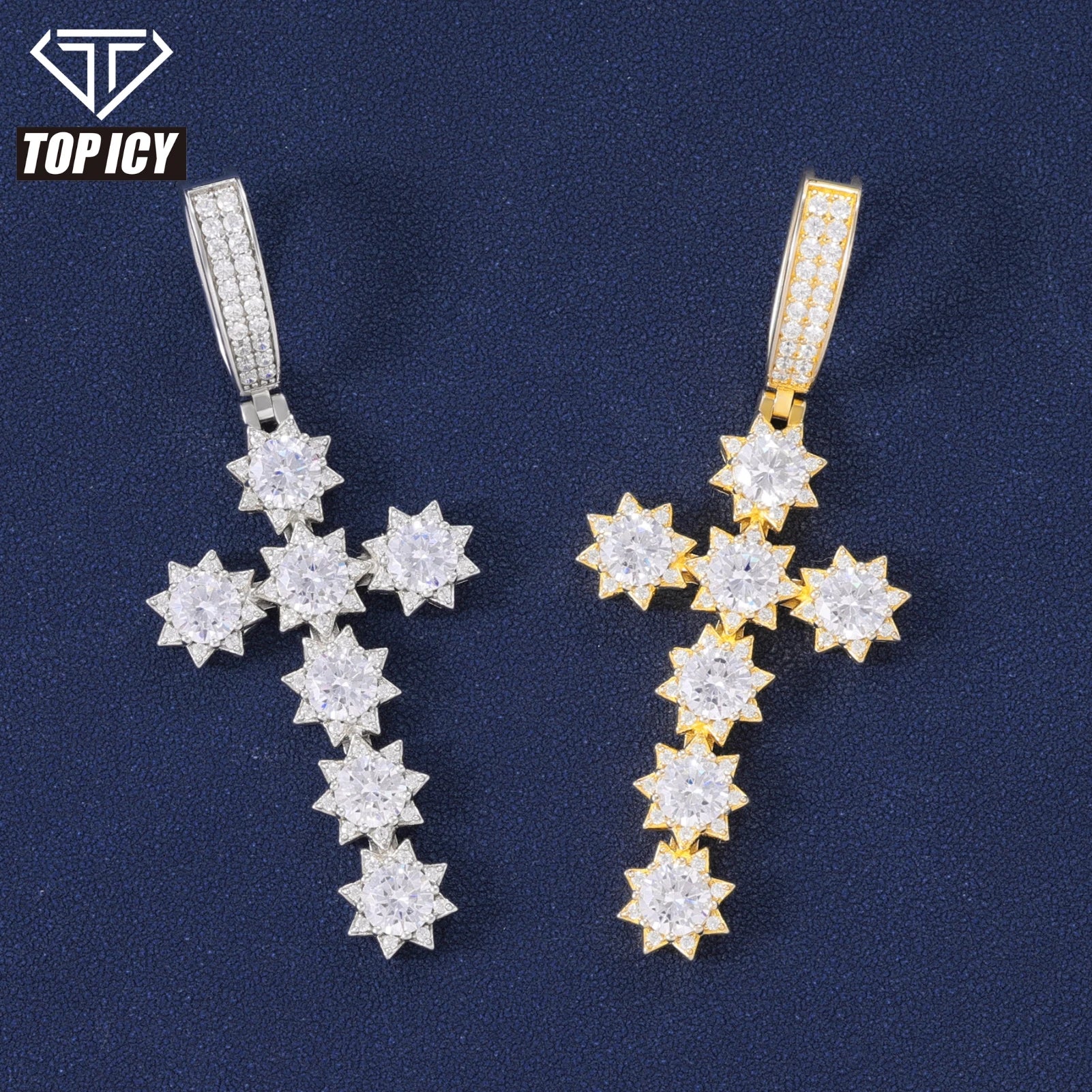 New Design 925 Sterling Silver Flower Cross Pendant Jewelry Hip Hop VVS D Color Moissanite Diamond Pendant Necklace for Gift