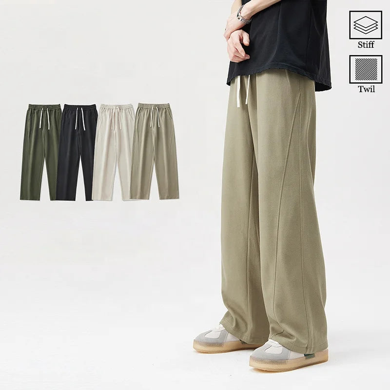 Rainbow Spray Men's Heavyweight Twill Fabric Wide Leg Pants 270Gsm Baggy Casual Splicing Ins Casual Men Solid Color Track Pants