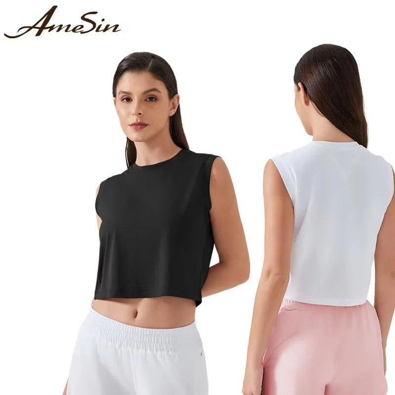 2025 Women Casual Loose Crewneck Summer T-Shirt Crop Yoga Top Sleeveless Active Vest Workout Vest Short Sports Gym Tank Top