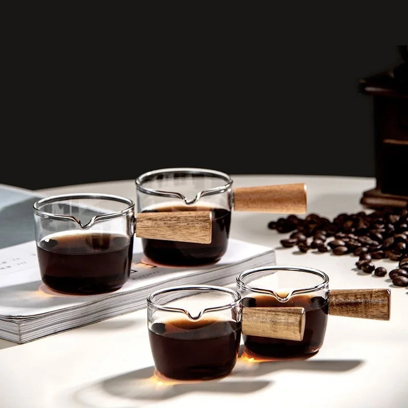 100ml High Borosilicate Glass Measuring Cups Espresso Coffee Milk Dip Cups With Wood Handle