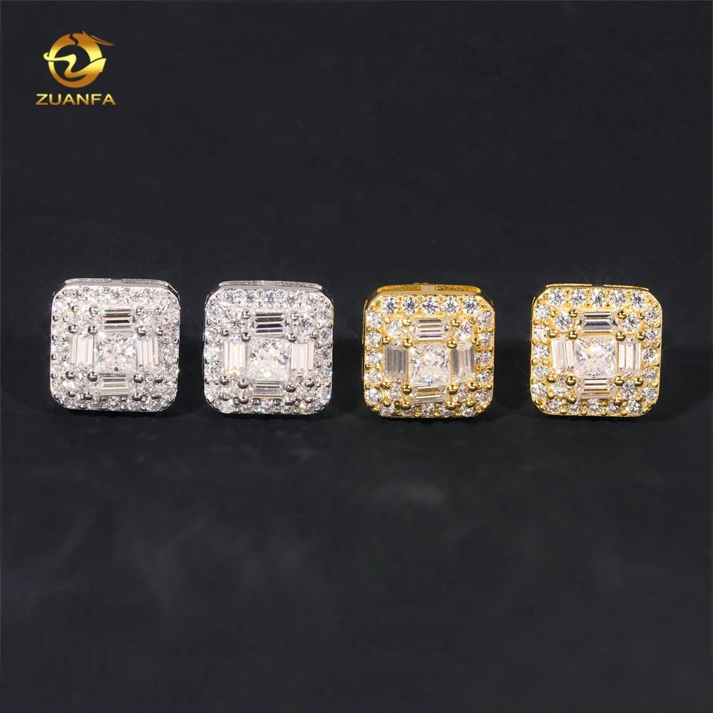 GRA Certificate Hip Hop Screw Back Iced Out Moissanite 925 Sterling Silver Square Mens Diamond Earrings