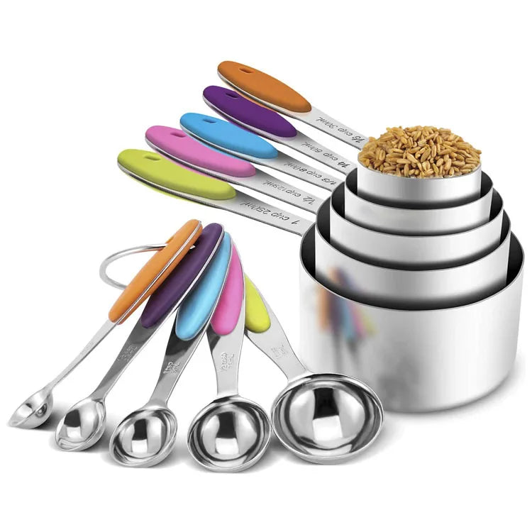 Stainless Steel Eco-Friendly Powder & Liquid Measuring Cup and Spoon 10-Piece Set with Color Handle and Silicone Hand Cushion