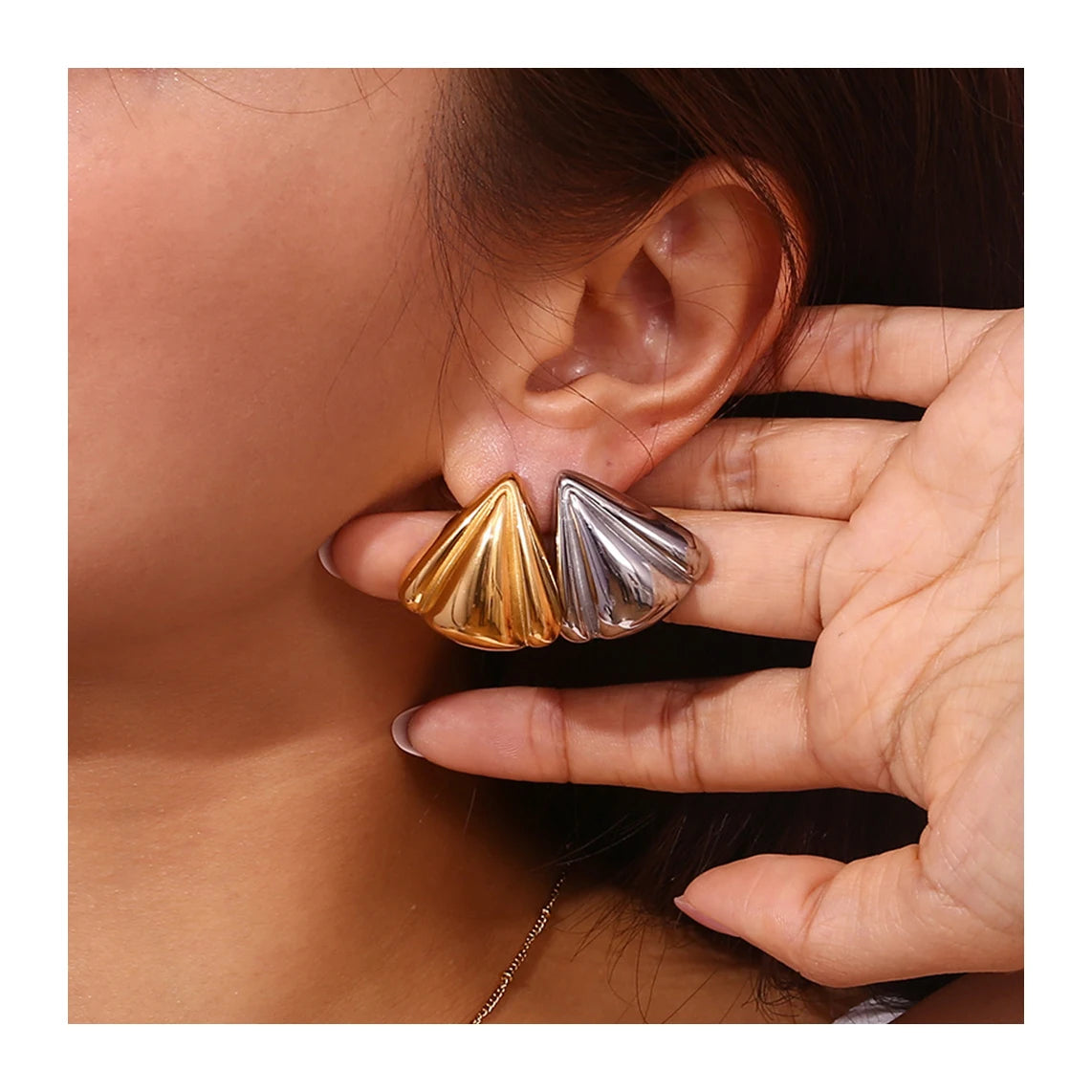 ERESI Fashion Lady Jewelry High Polish 18K PVD Gold Plated Stainless Steel Big Chunky Texture Triangle Stud Earring