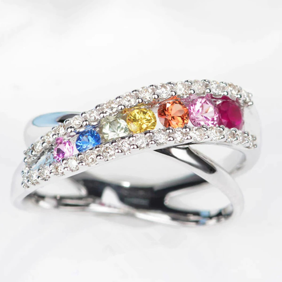 CAOSHI Hot Sell Cross Design Rainbow Colors Sparkling Cubic Zirconia Rings for Trend Party Silver Plated CZ Wedding Rings Women