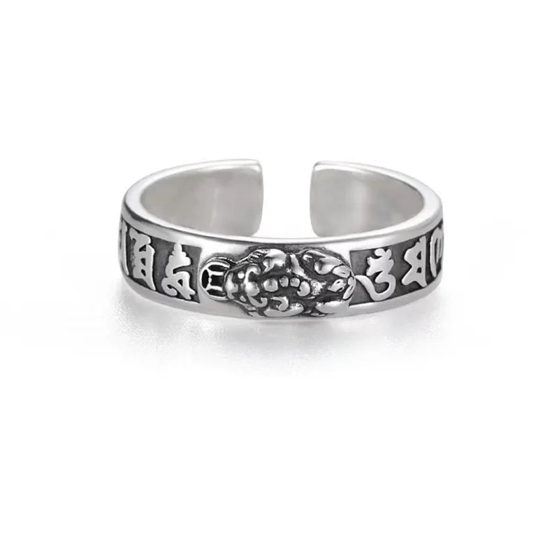 Vintage Thai Silver Plated Pixiu Ring Men's and Women's Mantra Jewelry Feng Shui Amulet Wealth Ring Lucky Open Adjustable Ring