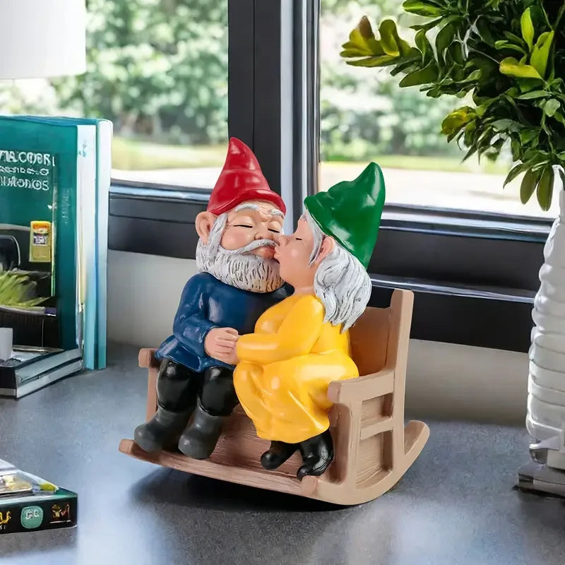 Romantic Gnome Couple on Rocking Chair Resin Figurine Love-Themed Art Ornament Unique Playful Piece for Indoor Space