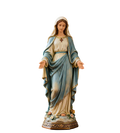 Serene Virgin Mary Resin Statue with Blue Mantle and Gold Trim Standing on a Floral Carved Base with Hands Open in Gesture