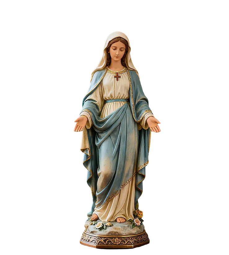 Serene Virgin Mary Resin Statue with Blue Mantle and Gold Trim Standing on a Floral Carved Base with Hands Open in Gesture