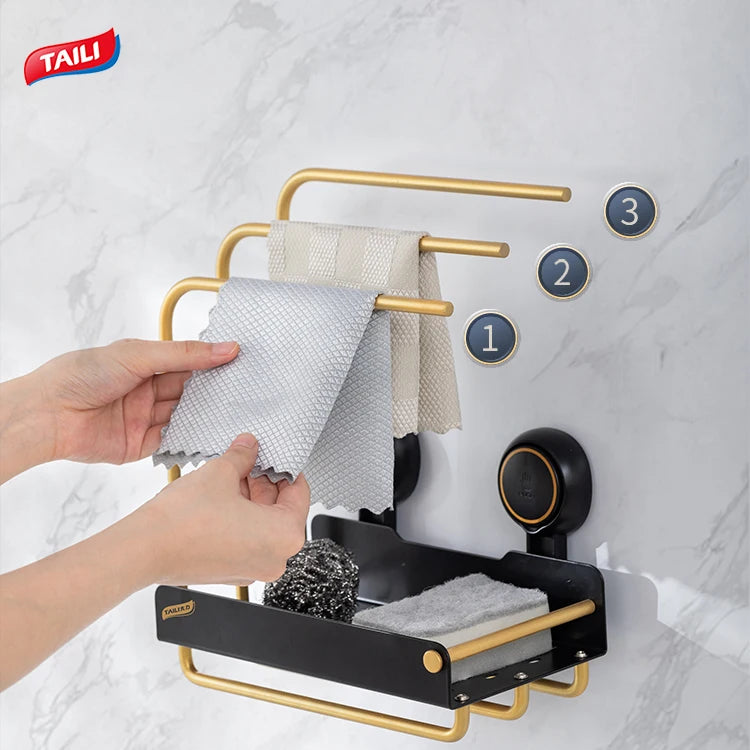 Taili Drilling-free Kitchen Towel Rack 10kg Loading Capacity Black Vacuum Suction Cup Hanging Soap Brush Organizer
