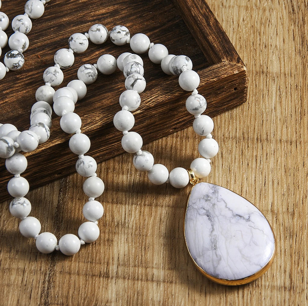 Fashion Women 8mm Pink Quartz White Howlite Stone Knotted Natural Gemstone Necklace Amazonite Drop Pendant Necklace