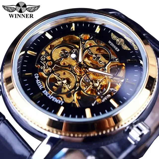 Winner Top New Luxury Transparent Case Back Black Golden Skeleton Mens Watches Mechanical Watch Men Wristwatch Gift New 2023