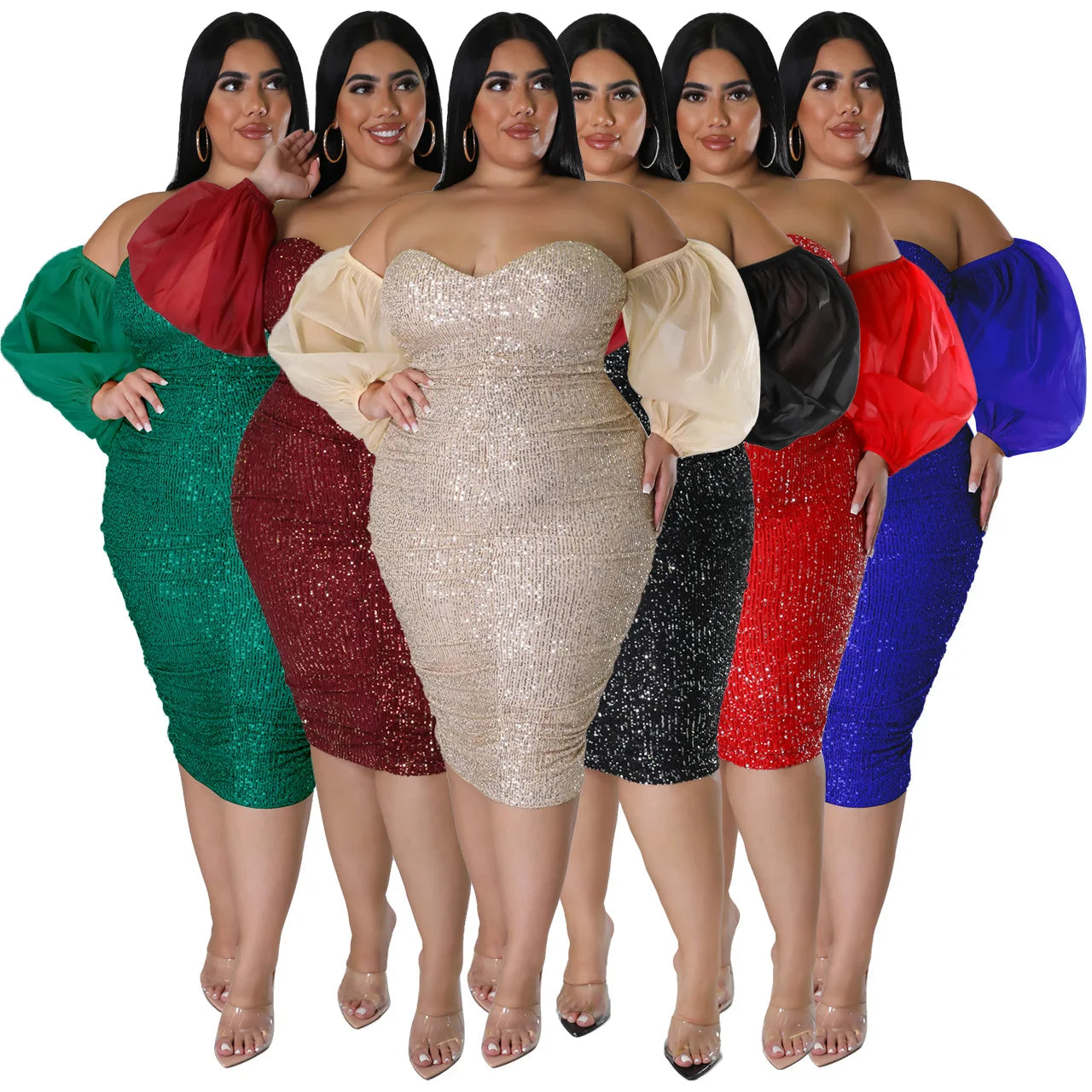 Women Clothing Sequin off Shoulder Sexy Plus Size Evening Dress Party Sequin Puffy Long Sleeve 4XL Africa Lady Evening Dress