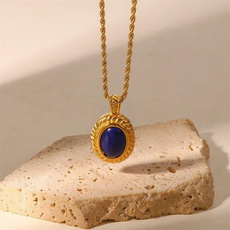 Wholesale Pvd 18k Gold Plated Stainless Steel Twists Chain Link Blue Gemstone Natural Stone Round Pendant Necklace for Women