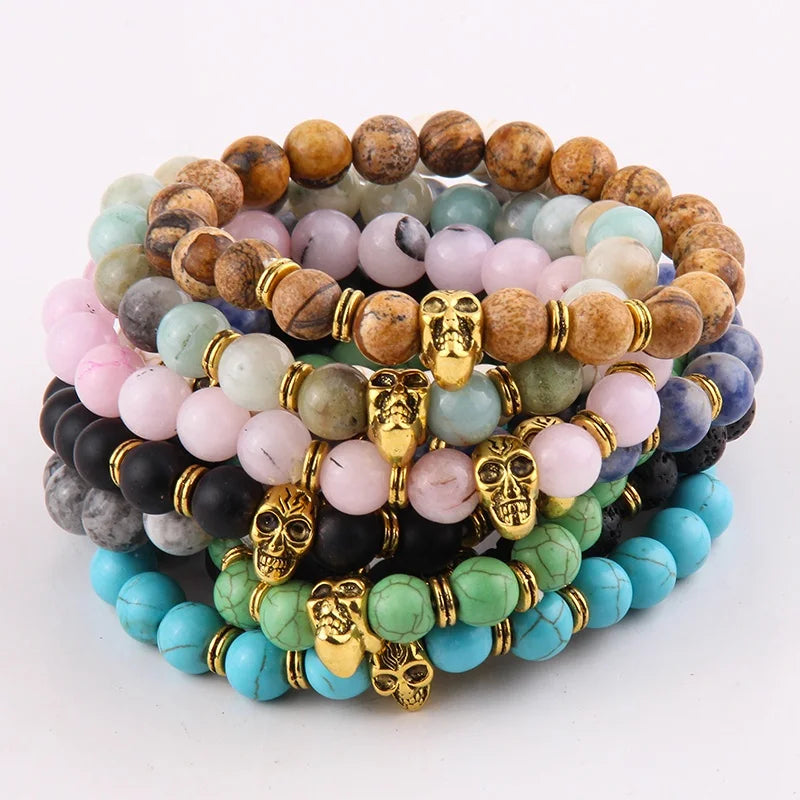 Western Jewelry Beautiful Women Energy Handmade 8mm Picture Jasper Bracelet Religious Buddha Yoga Turquoise Skull Bracelet