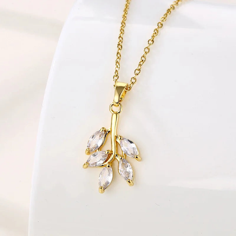 Fashion Gold Leaf Pendant Necklaces Women's Stainless Steel Chain Crystal Zircon Leaf Necklace