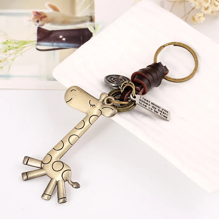 2023 Retro Black Brown Genuine Leather Metal Giraffe Key Chain for Men