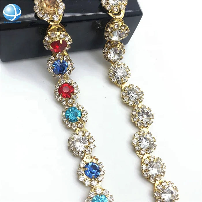 Gold Plating Rhinestone Flower Trim Chain Cup for Dress Accessories Clear Crystal Trimmings