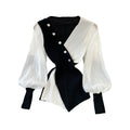 Wholesale 2026 Autumn Contrast Temperament V-neck Cross Breasted Slim Fit Lantern Long Sleeve Women's Shirts