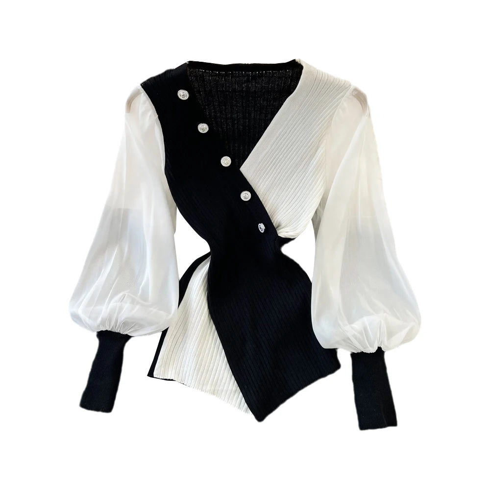 Wholesale 2026 Autumn Contrast Temperament V-neck Cross Breasted Slim Fit Lantern Long Sleeve Women's Shirts