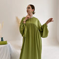 Loriya 2026 New Summer Abaya Muslim Clothing Soft Satin Pleated Closed Abaya Muslim Women Modest Dresses With Puff Sleeve