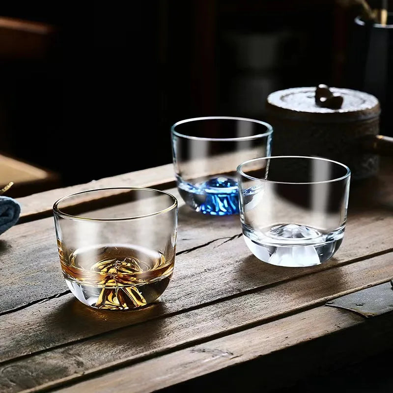 Whiskey Glasses Hand Blown Mountain Bottom Crystal Shot Glass With Gold Rim