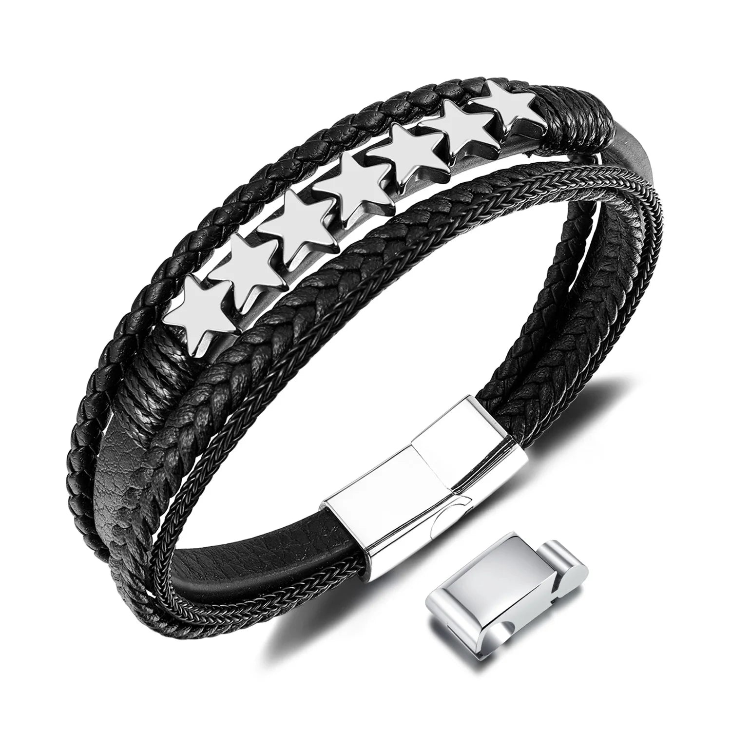 Trendy Retro Pentagram Woven Leather Men's Silver Plated Bracelet Classic Geometric Charm Anniversary