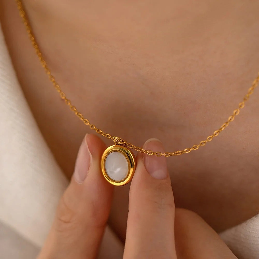 Women Necklace Stainless Steel Necklace Jewelry Customized Waterproof Gold Plated Oval Cat's Eye Stone Pendant Necklace