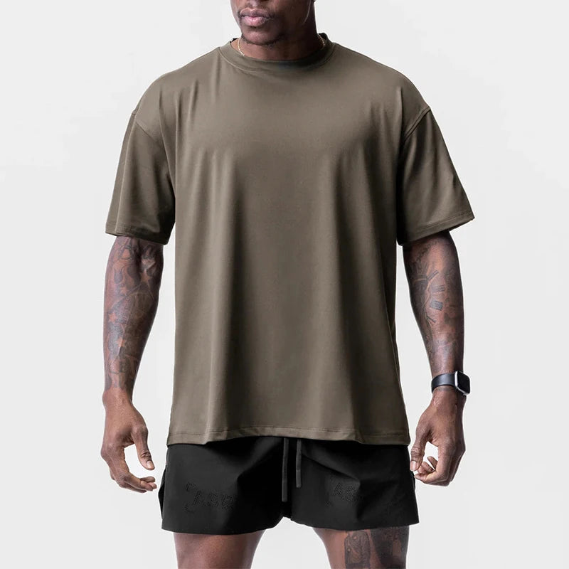 RNSHANGER Men's Summer Gym T-shirt Loose Oversized O-Neck Short Sleeve Shirt Man Quick Dry Breathable Casual Tee Top