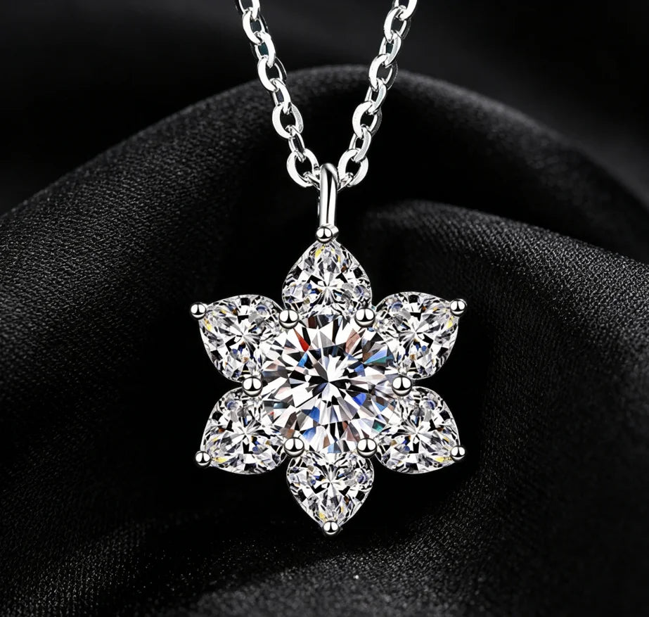 S925 Silver Full Moissanite Brilliant Cut Women's Snowflake Light Luxury Style Platinum Plated Pendant Necklace