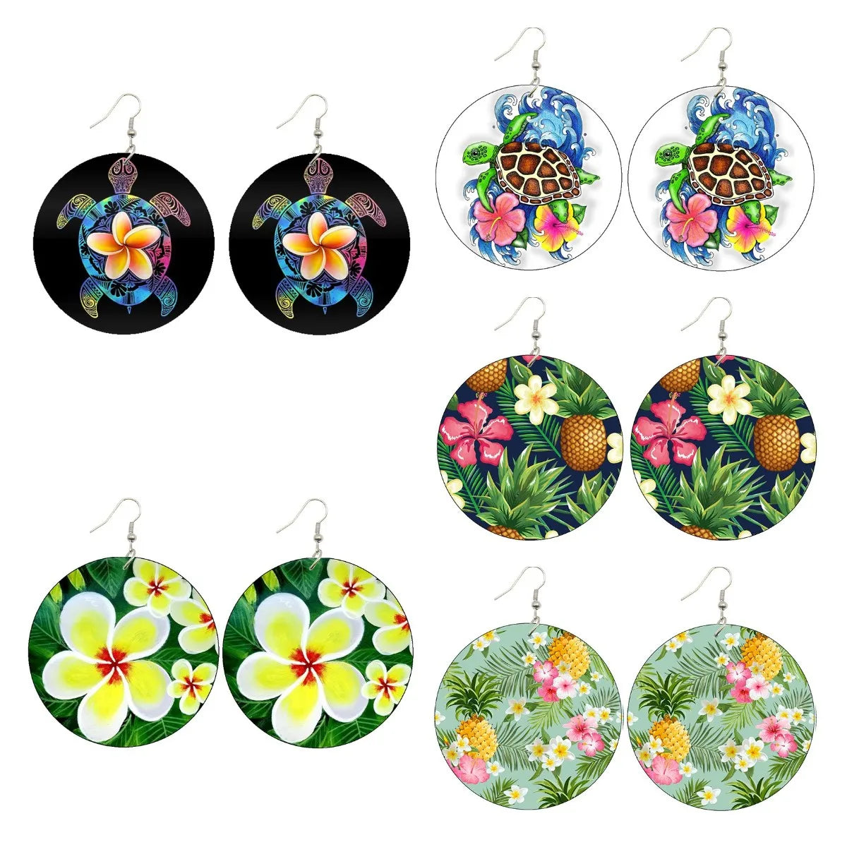 600 Designs Polynesian Pattern Tropical Fruit Flowers Monstera Palm Leaves Flamingo Frangipani Natural Wood Drop Earrings