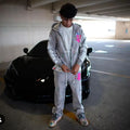 Custom Embroidered Patch Logo Paint Splatter Vintage Acid Wash Sun Faded Sweatpants and Hoodie Set Tracksuit for Men